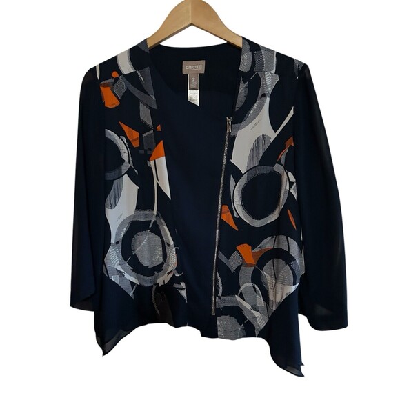 chicos jacket size 2. Navy Print W/orange Accent. Asymmetrical‎ Zipper Front - Picture 1 of 4